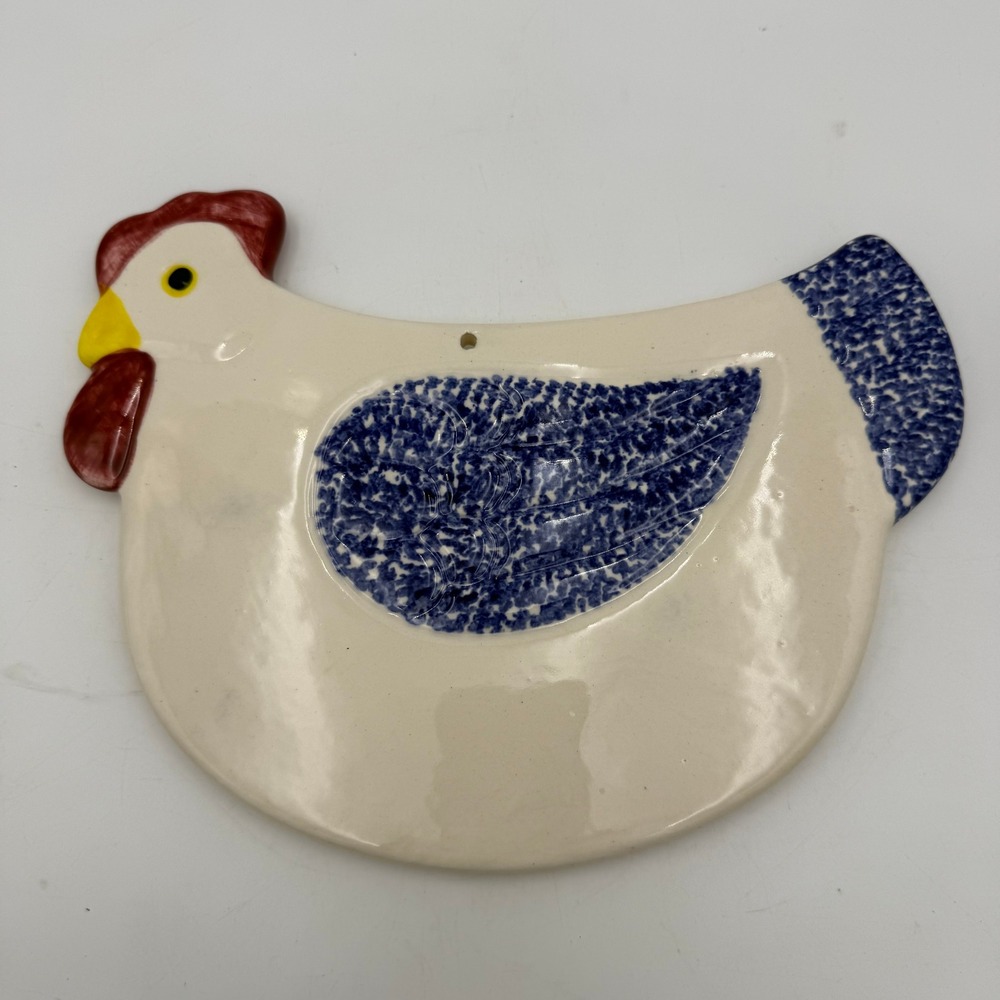 Vintage Ceramic Chicken Wall Hanging Blue Sponge Farmhouse Decor Spoon Rest 9in